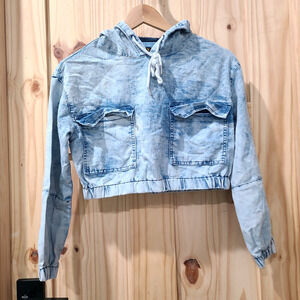 Kroix Long Sleeve Cropped Blue Stone Washed Denim Hoodie Retro 90s Y2K Size S